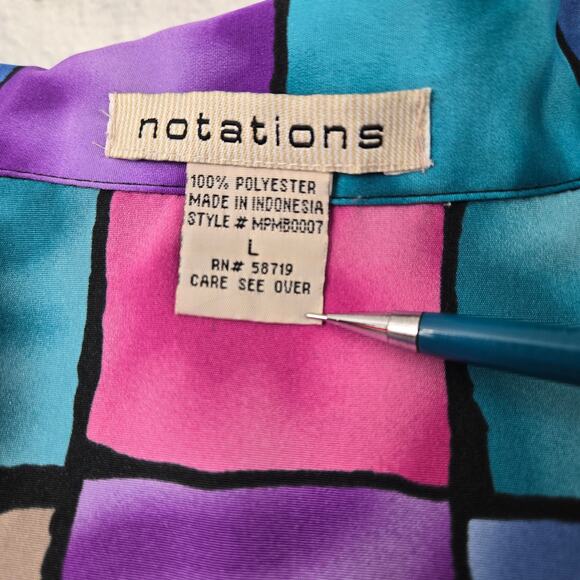 VTG Notations Blouse Shacket Multicolored Liquid Checkered Button Front Size Lrg - Picture 7 of 15